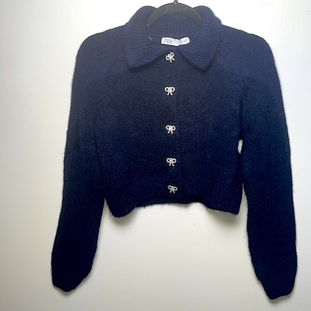 Zara Navy Blue Sweater with Bow Buttons Small